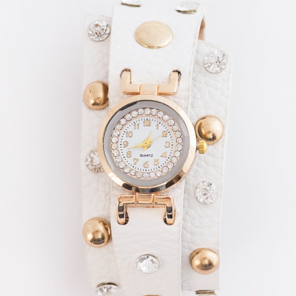 Women's Gold & Rhinestone White Wrap Quartz Watch